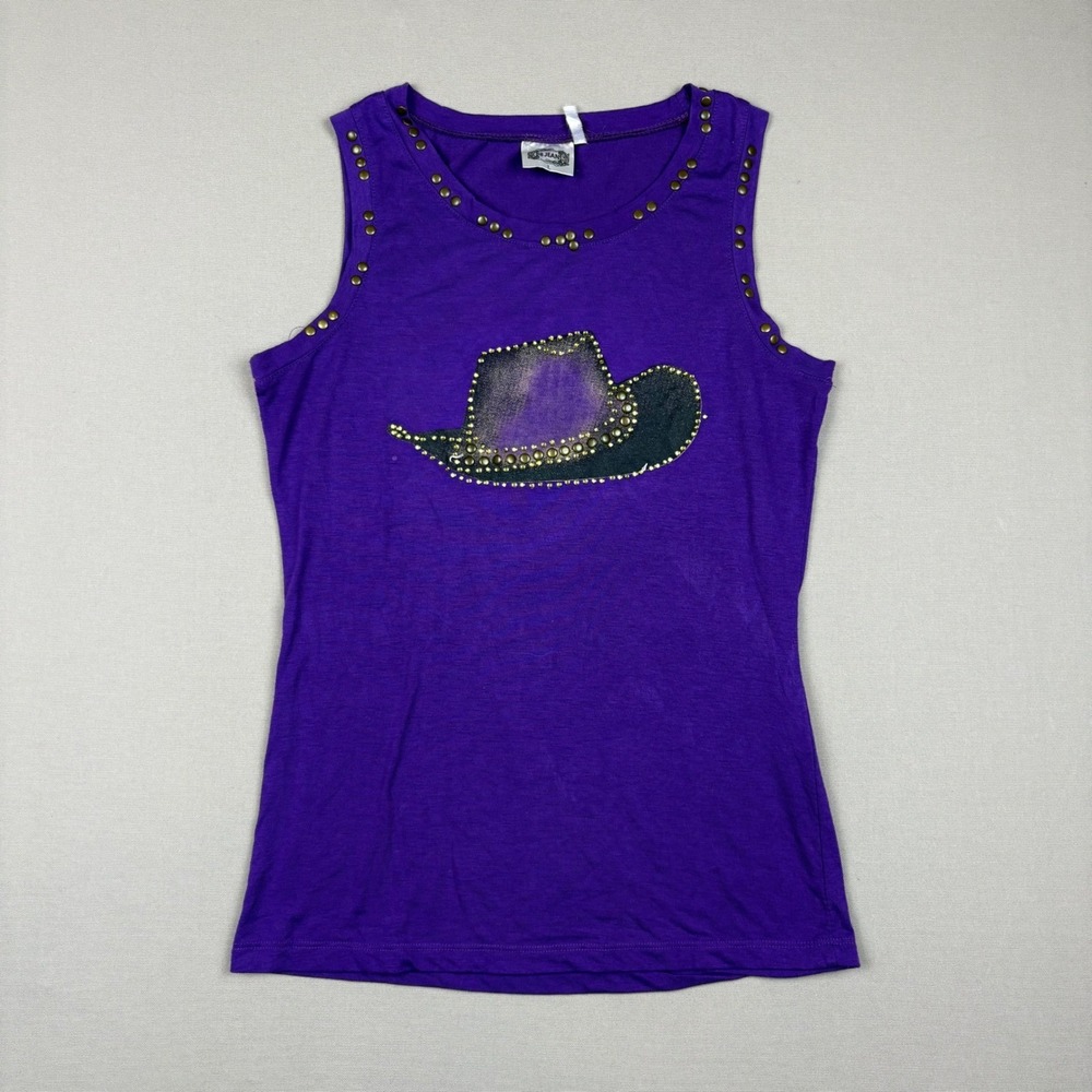 BB Jeans Purple Tank Top Women's Size L Cowboy Hat Rhinestone Studded
